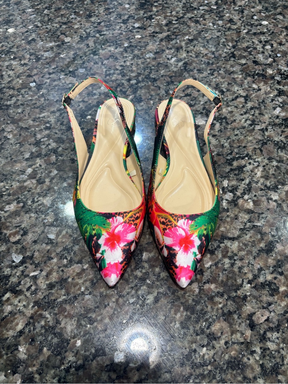 Jessica Simpson Floral Pointed Slingback Flats in Pink & Green